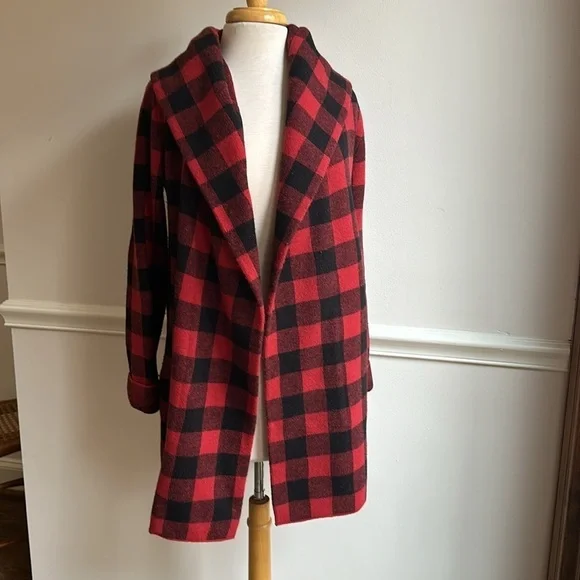 Anthropologie Field Flower Red Buffalo Plaid Cardigan Wrap Sweater Coat XS EUC - Picture 3 of 9